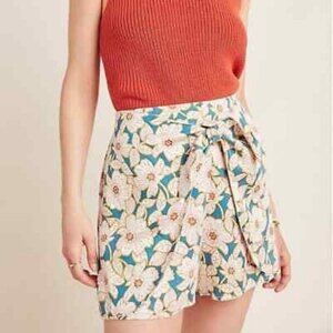Anthropologie Georgine Floral Skirted Overlay Teal & Cream Shorts Size XS